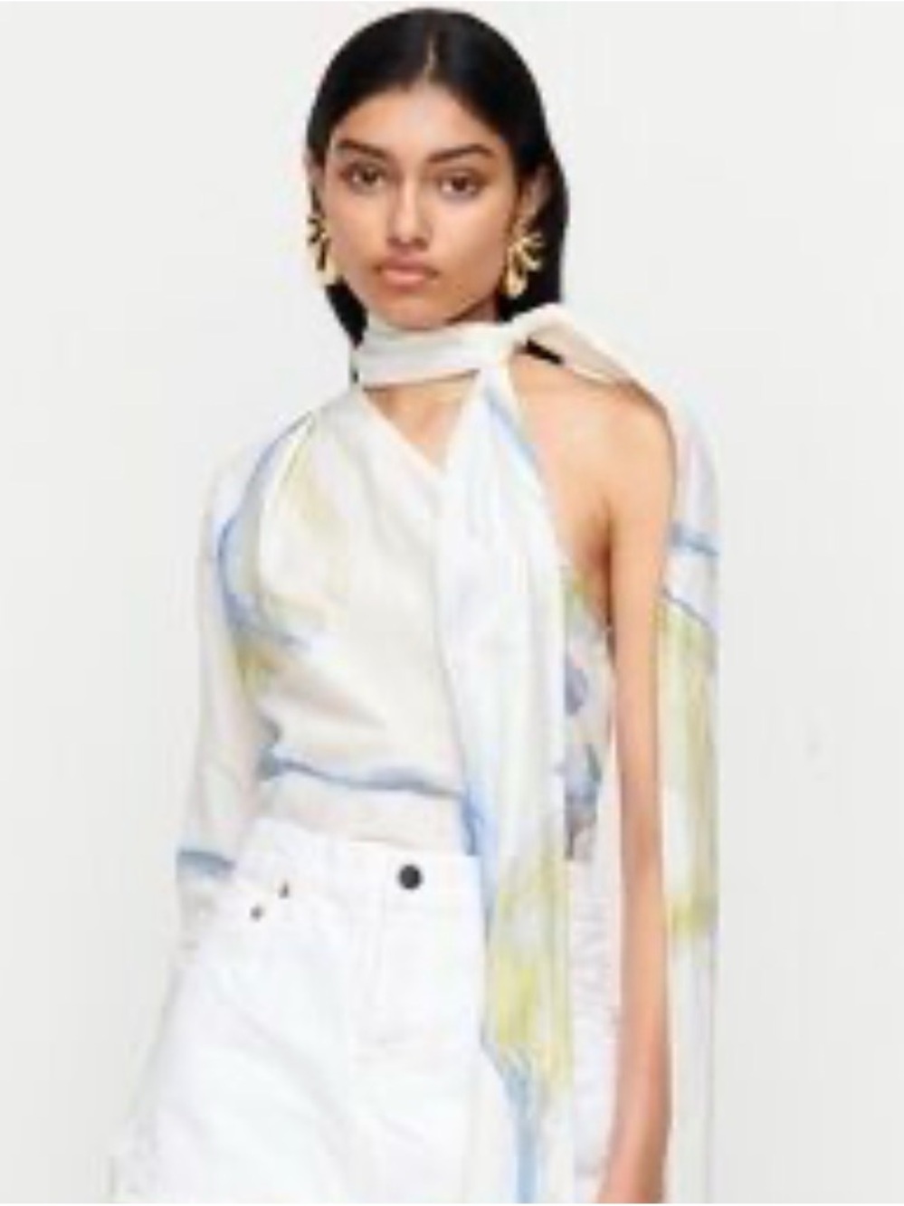 Romy White Scarf Top with Light Blue and Pale Yellow Print